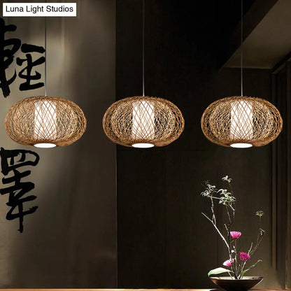 Rustic Bamboo Lantern Pendant Light for Teahouse - Wooden Ceiling Lamp with 1 Bulb