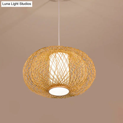 Rustic Bamboo Lantern Pendant Light for Teahouse - Wooden Ceiling Lamp with 1 Bulb