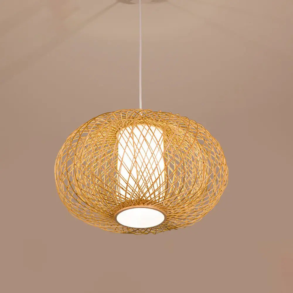 Rustic Bamboo Lantern Pendant Light for Teahouse - Wooden Ceiling Lamp with 1 Bulb