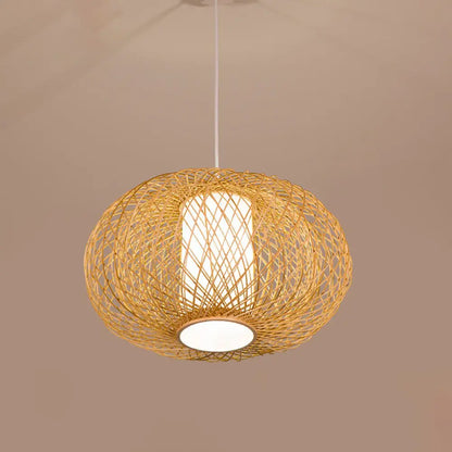 Rustic Bamboo Lantern Pendant Light for Teahouse - Wooden Ceiling Lamp with 1 Bulb