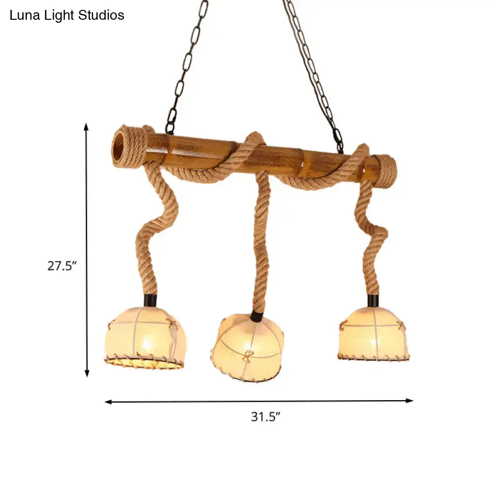 DecorBites bamboo linear island pendant light with bamboo pole, twisted rope, and warm beige fabric shades for 110v-120v use