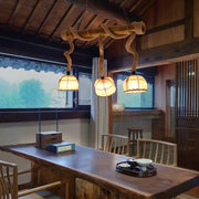 Rustic bamboo linear island pendant light with three beige paper lanterns suspended by thick rope 220v-240v 110v-120v