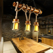 DecorBites™ rustic bamboo island triple ceiling light with warm glass shades and hanging rope for 220v-240v led use