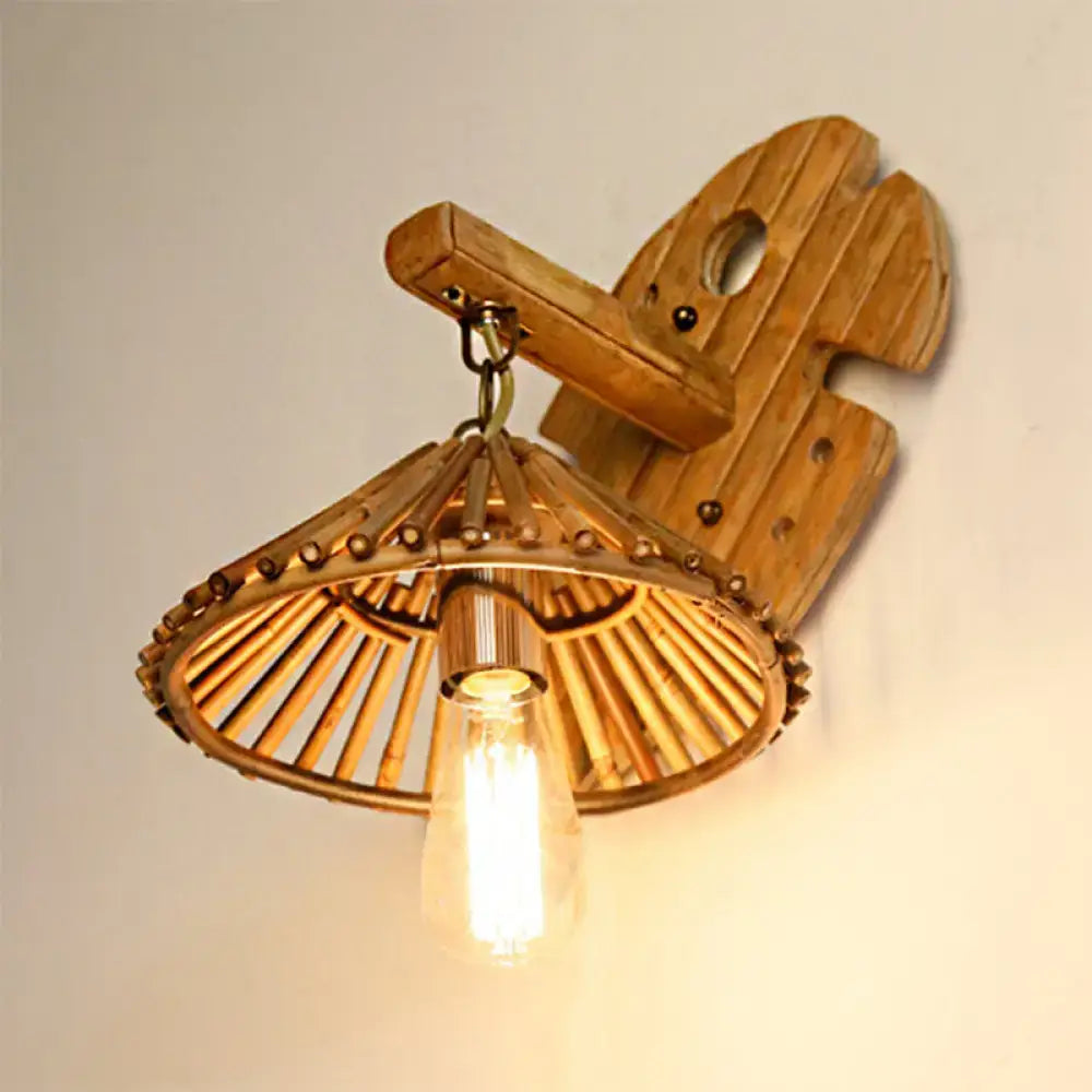 Rustic bamboo wall sconce with wood backplate and woven shade featuring an exposed e26 e27 edison bulb for bedroom use