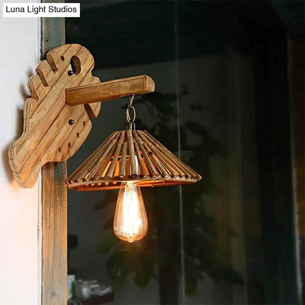 Rustic wooden seahorse wall sconce with bamboo shade and wood backplate 12 inch fixture for bedroom edison lamp