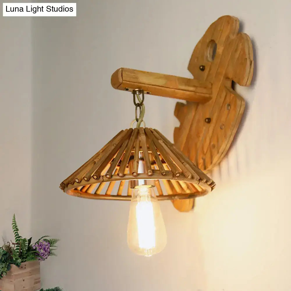 Rustic bamboo wall sconce with wood backplate fish design and exposed edison bulb e26 e27 for bedroom lighting