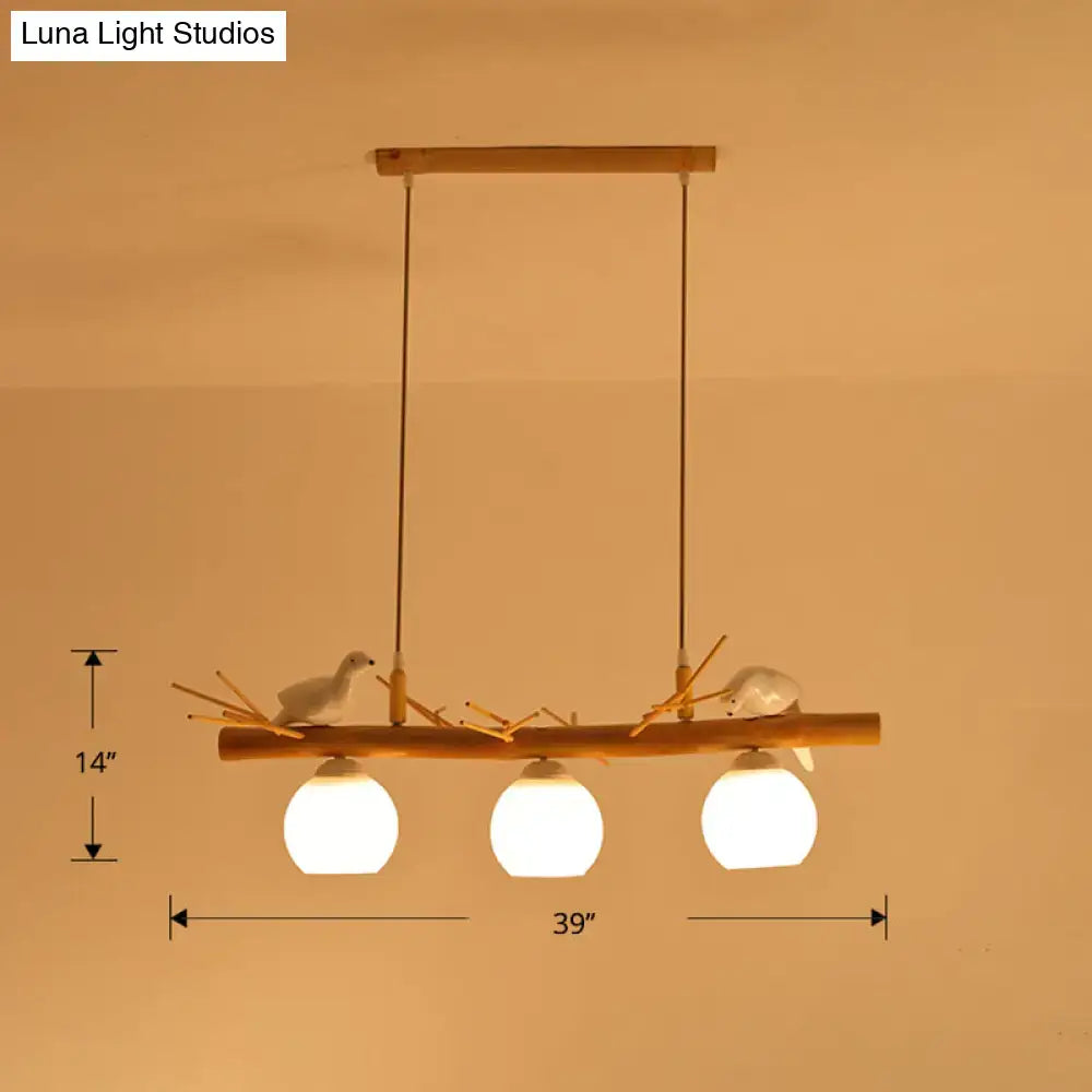DecorBites™ modern cream glass wood pendant light fixture with rustic bamboo, white bird deco, and dome island design