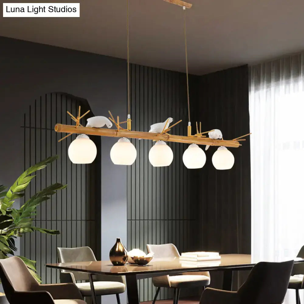 Decorbites™ modern cream glass wood pendant light fixture with white bird deco and dome island design with frosted globes