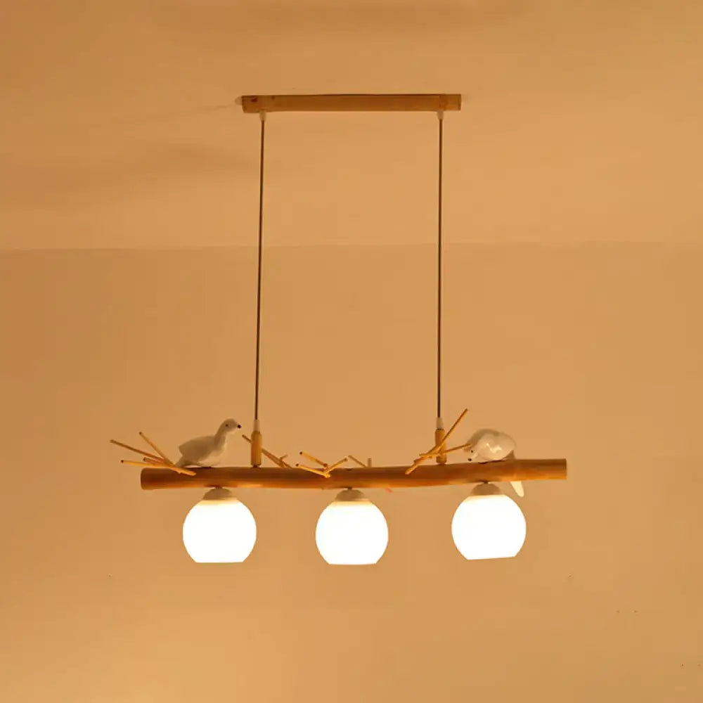 Decorbites™ modern cream glass wood pendant light fixture with dome island design and white bird deco accents on bamboo