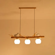 Decorbites™ modern cream glass wood pendant light fixture with dome island design and white bird deco accents on bamboo