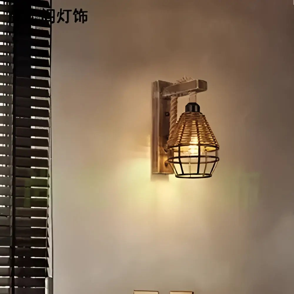 Rustic bamboo wicker wall lamp with woven wicker shade and metal cage frame for bedroom rattan sconce lighting