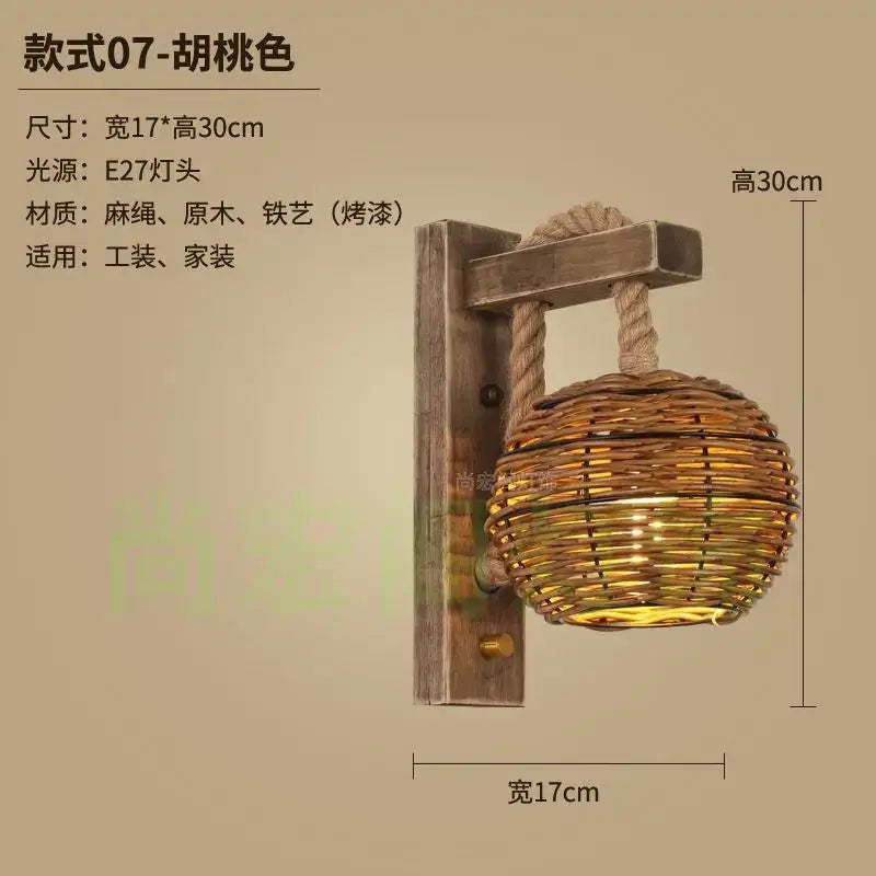 Rustic bamboo wicker wall lamp with woven rattan shade natural wood bracket and thick rope suspension for bedroom use