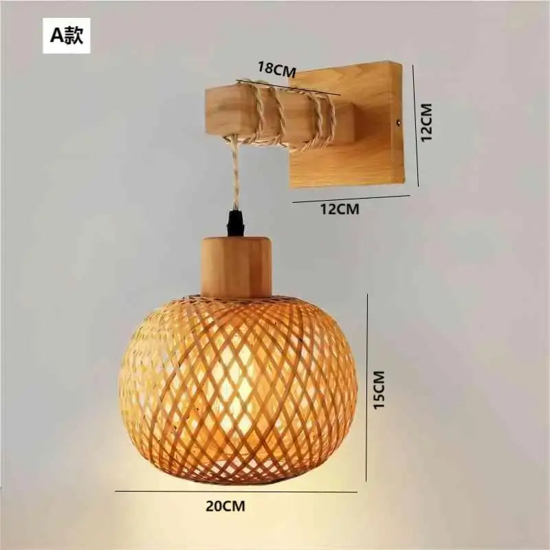 Natural woven bamboo wicker wall lamp with warm glowing spherical shade and wooden mounting bracket for bedroom use