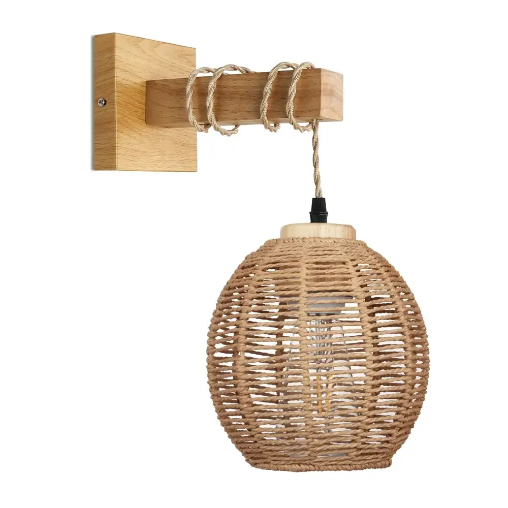 Natural woven rope wall lamp with wooden mount and black connector rustic bamboo wicker wall lamp for bedroom use