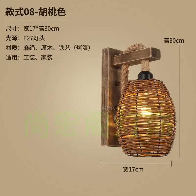 Rustic bamboo wicker wall lamp with woven wicker shade, wooden bracket, and rope detailing for bedroom lighting