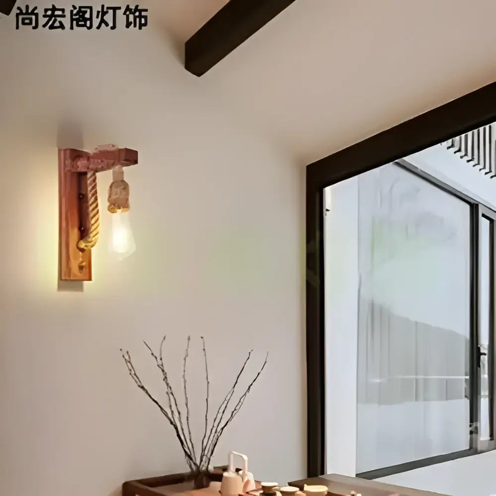 Rustic bamboo wicker wall lamp with brass-finished bulb and rope wrap accent for bedroom rattan wicker wall lamp