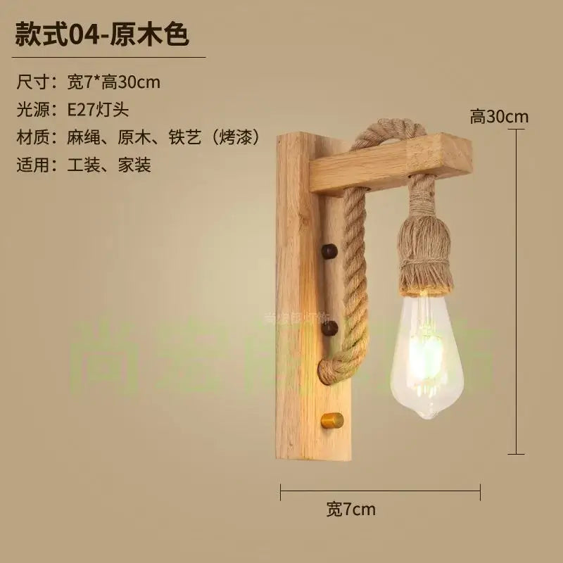 Rustic bamboo wicker wall lamp featuring a wooden wall lamp with natural rope and exposed Edison bulb for bedroom use