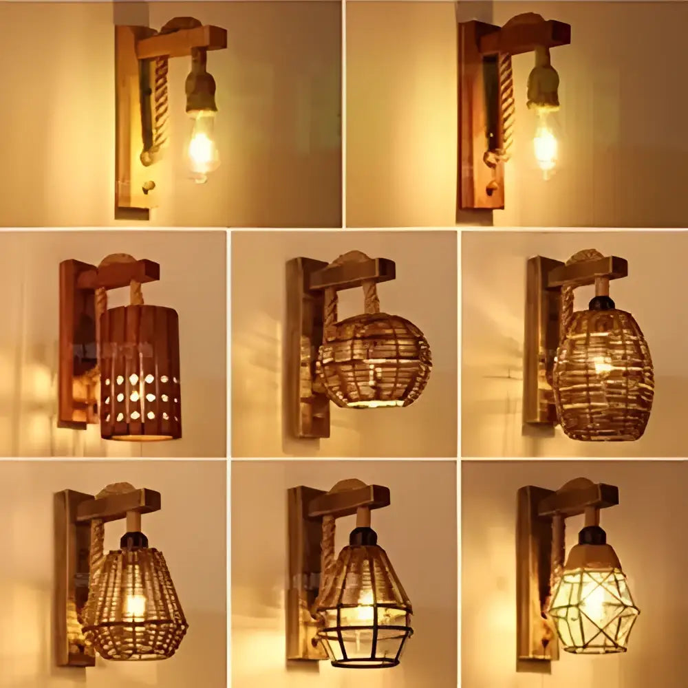 Rustic bamboo wicker wall lamp with woven wicker shades and exposed edison bulbs for bedroom use as a wicker wall lamp