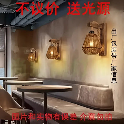 Rustic bamboo wicker wall lamp with a warm glowing light featuring a woven wicker wall lamp design for bedroom use
