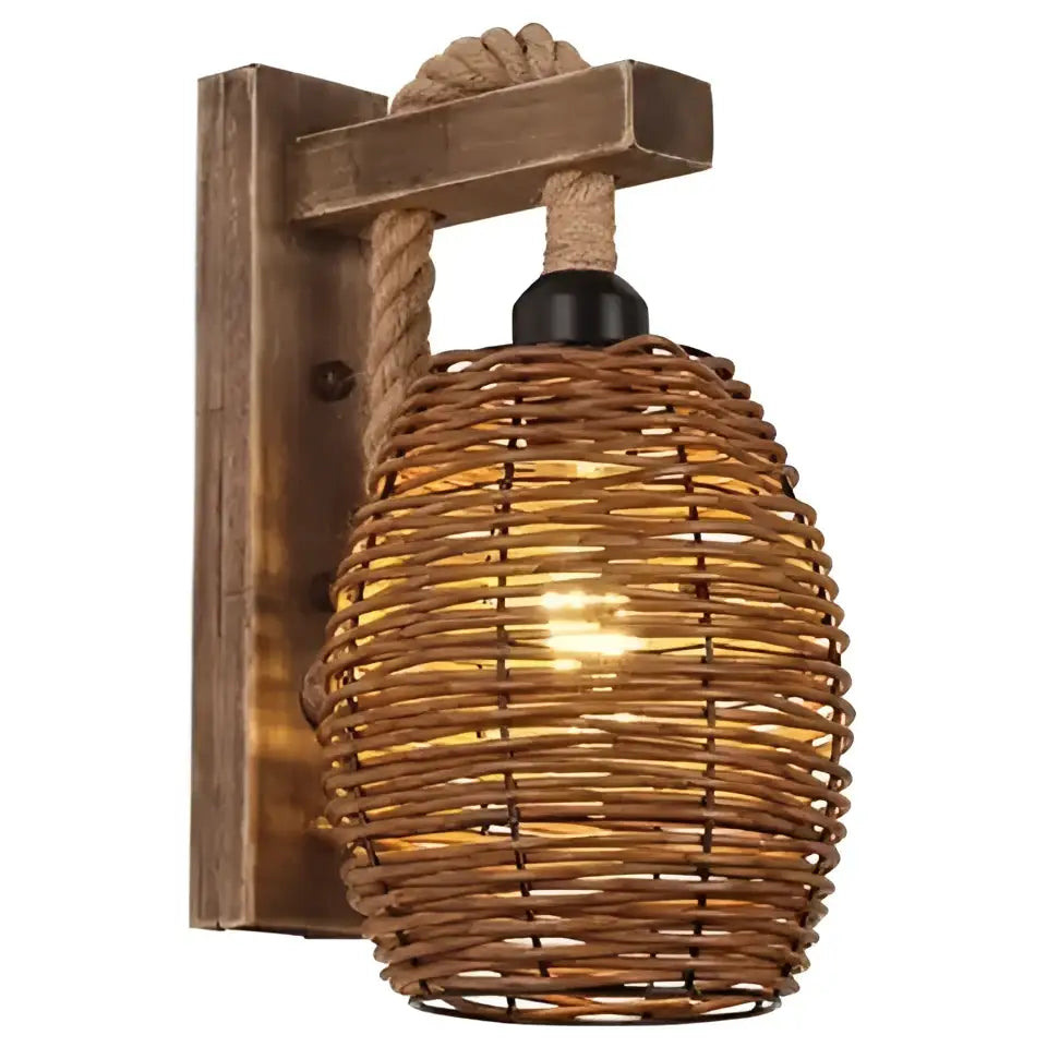 Rustic bamboo wicker wall lamp with rattan sconce featuring a wooden bracket and natural fiber rope accent for bedroom use