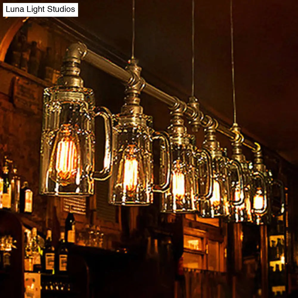 DecorBites™ Rustic Bar Ceiling Clear Glass Beer Mug Pendant Light in Bronze with Water Pipe Design