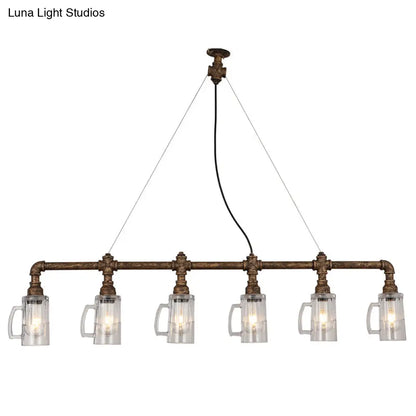 DecorBites™ Rustic Bar Ceiling Clear Glass Beer Mug Pendant Light in Bronze with Water Pipe Design