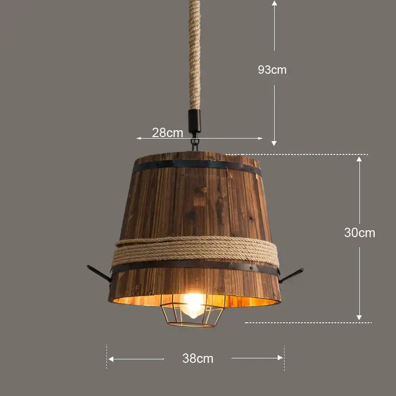 Rustic wooden barrel industrial chandelier with rope accents and metal bands for dining room decorbites barrel pendant light