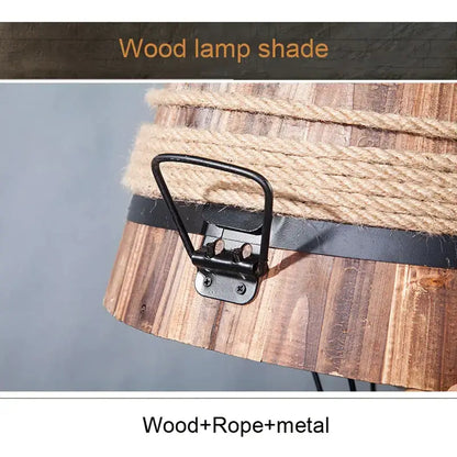 Rustic barrel industrial chandelier wood pendant light with a rustic wood lampshade wrapped in natural jute rope secured by black metal bracket