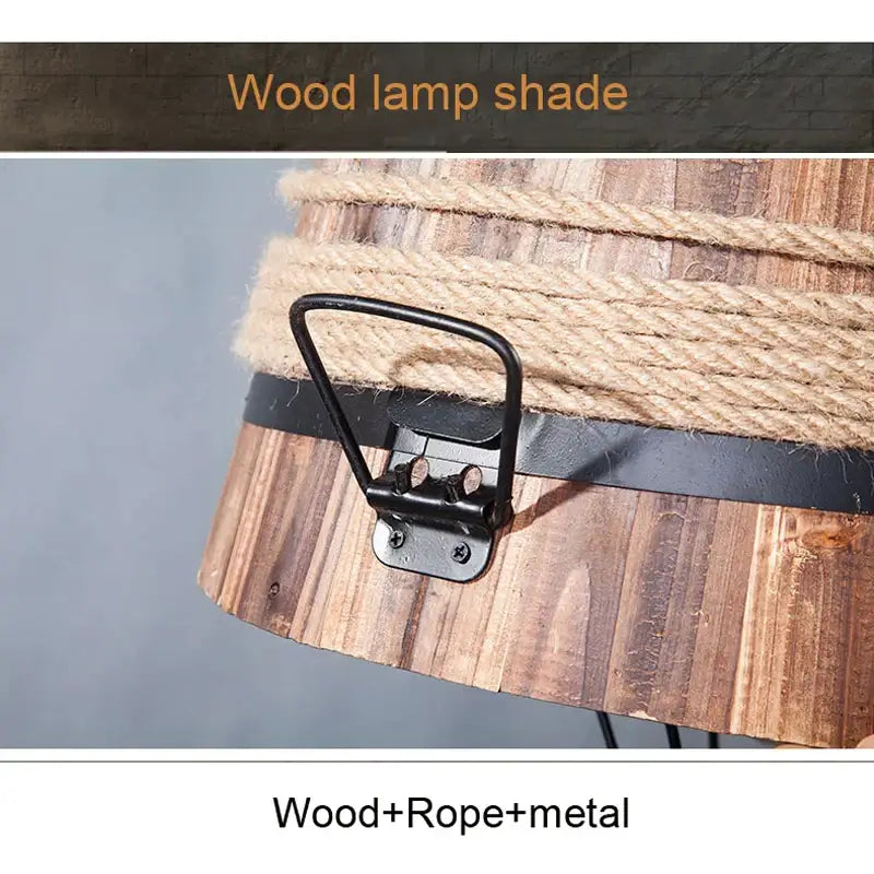 Rustic barrel industrial chandelier wood pendant light with a rustic wood lampshade wrapped in natural jute rope secured by black metal bracket
