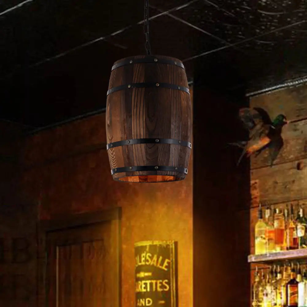 Rustic Barrel Pendant Lamp - 10"/12" Wide Wood Hanging Light in Brown