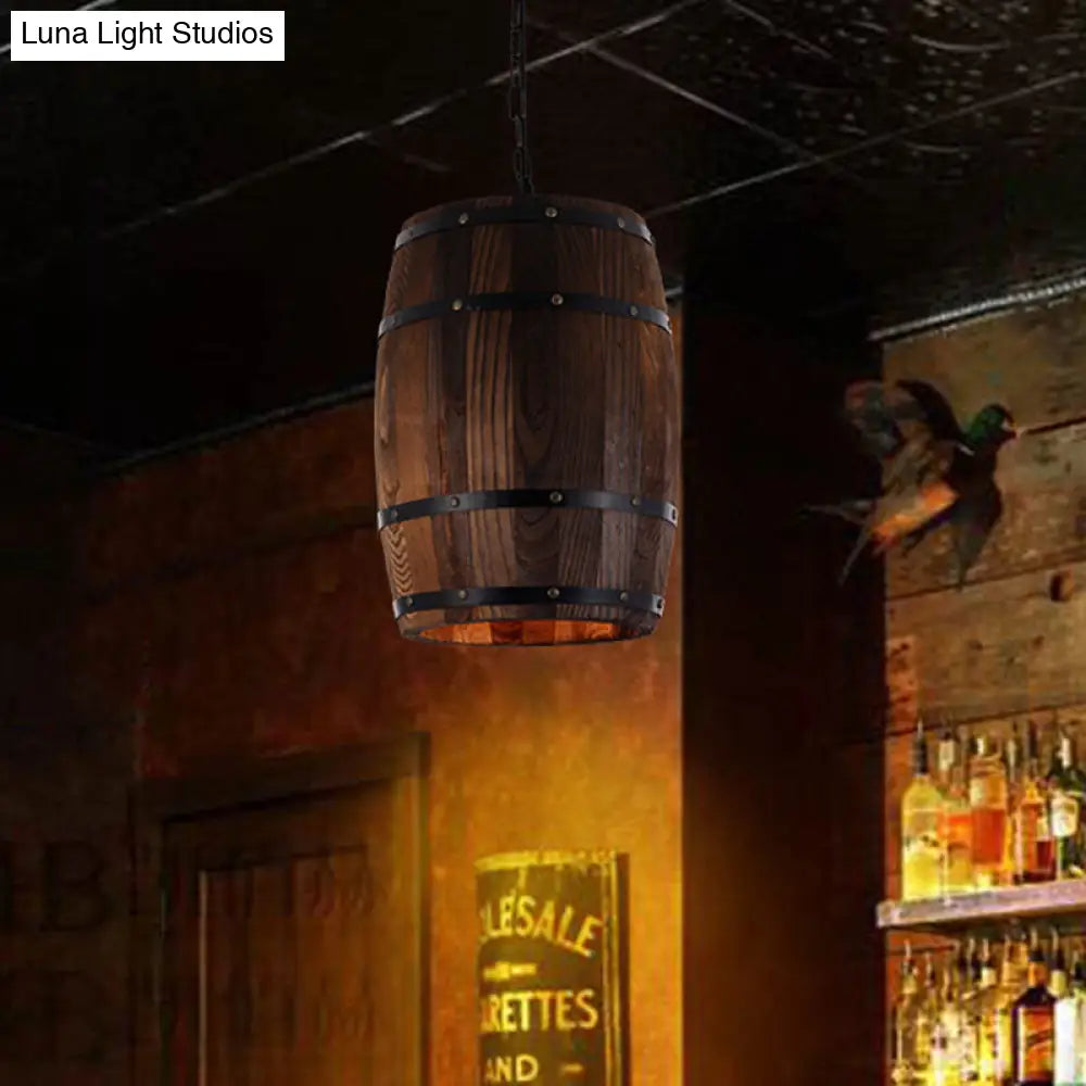 Rustic Barrel Pendant Lamp - 10"/12" Wide Wood Hanging Light in Brown