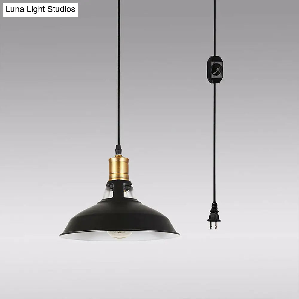 Rustic Bedside Plug-in Pendant Light with Barn Iron Shade - 1-Light Hanging Lamp in Black