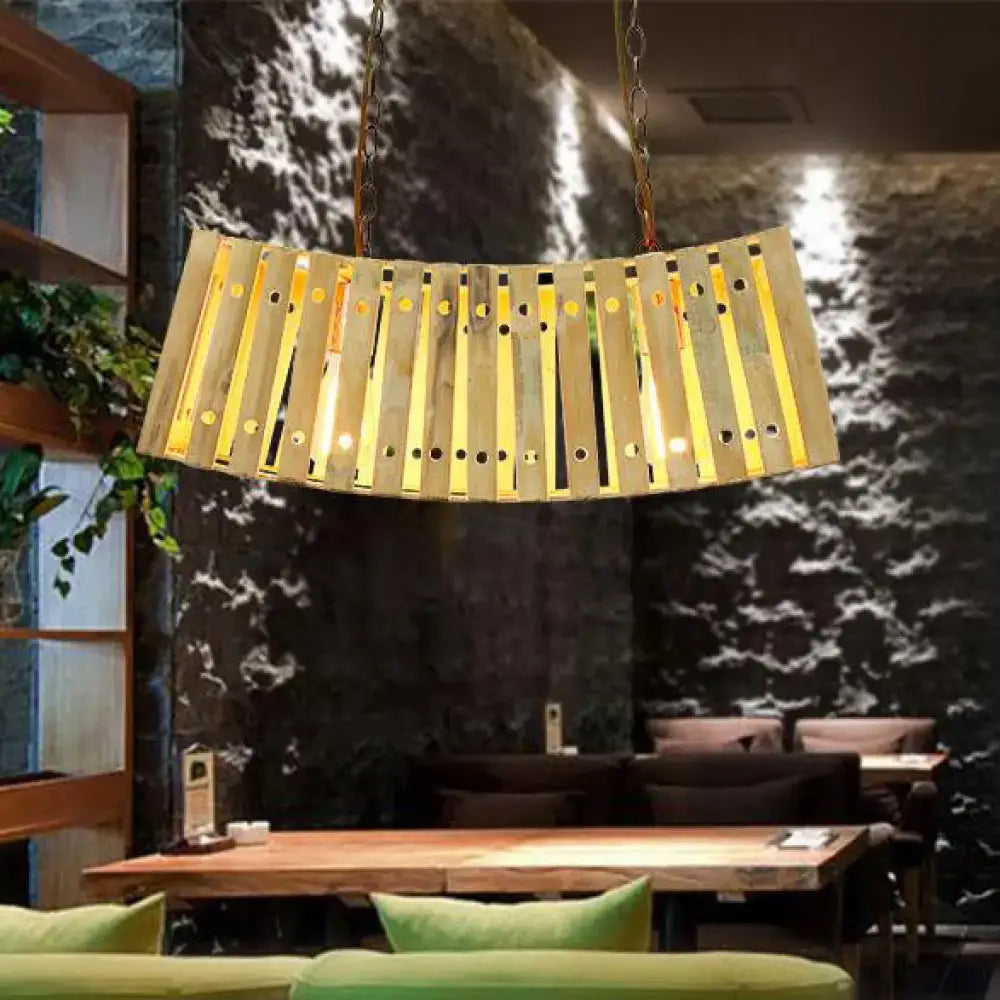 DecorBites™ asian style bamboo linear island chandelier with curved wooden slats and warm yellow lighting in beige