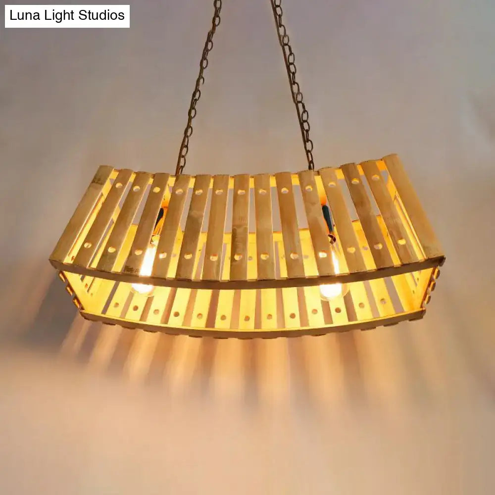 Golden curved pendant bamboo linear island chandelier with slatted wooden panels and exposed bulbs for dining table