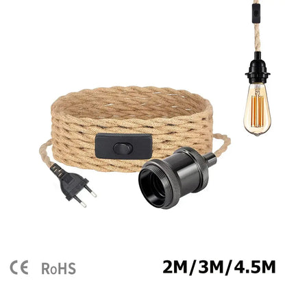 Rustic beige and black hemp rope pendant light cord with black switch and matte black edison bulb socket for living room
