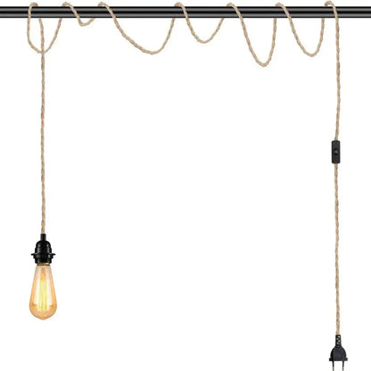 Rustic beige and black hemp rope pendant light cord with black metal fixture and exposed edison-style bulb for living room