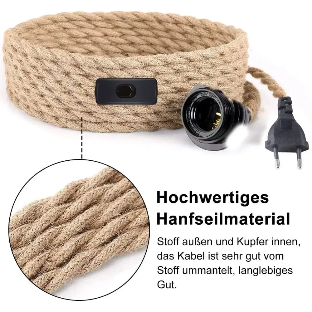 Rustic beige and black hemp rope pendant light cord with black switch, bulb socket, and plug for living room use