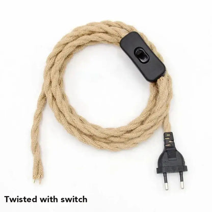 Rustic beige and black hemp pendant light cord featuring twisted rope with black switch and plug for living room use