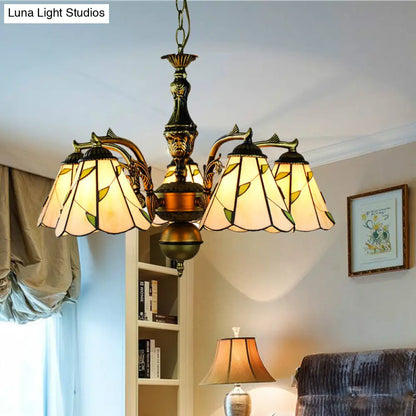 Rustic Beige Chandelier with Curved Arms, Leaf Glass, and 5 Pendant Lights on Hanging Chain
