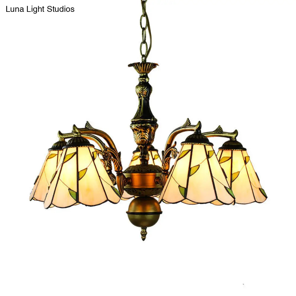 Rustic Beige Chandelier with Curved Arms, Leaf Glass, and 5 Pendant Lights on Hanging Chain