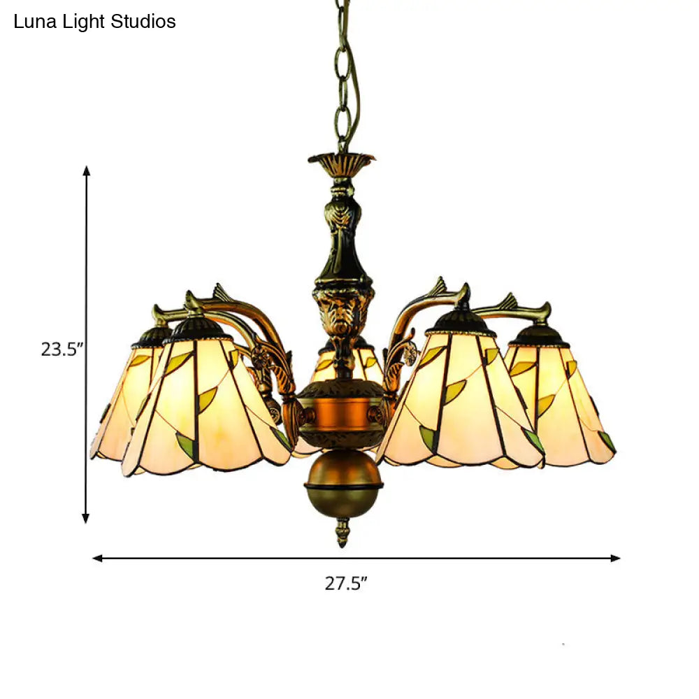 Rustic Beige Chandelier with Curved Arms, Leaf Glass, and 5 Pendant Lights on Hanging Chain