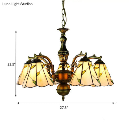 Rustic Beige Chandelier with Curved Arms, Leaf Glass, and 5 Pendant Lights on Hanging Chain
