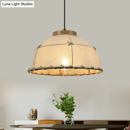 Rustic Beige Fabric Ceiling Pendant Light with Wooden Top, 14"/16"/18" Wide