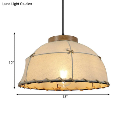 Rustic Beige Fabric Ceiling Pendant Light with Wooden Top, 14"/16"/18" Wide