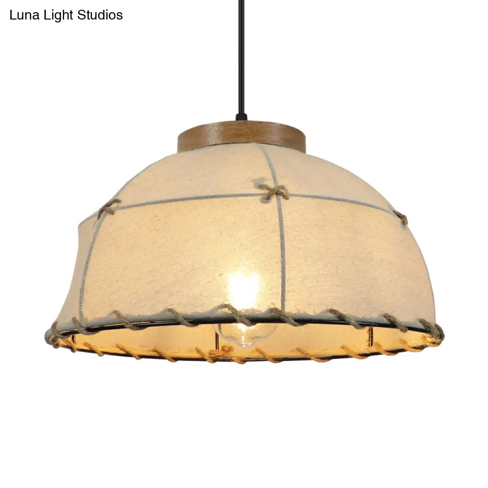 Rustic Beige Fabric Ceiling Pendant Light with Wooden Top, 14"/16"/18" Wide