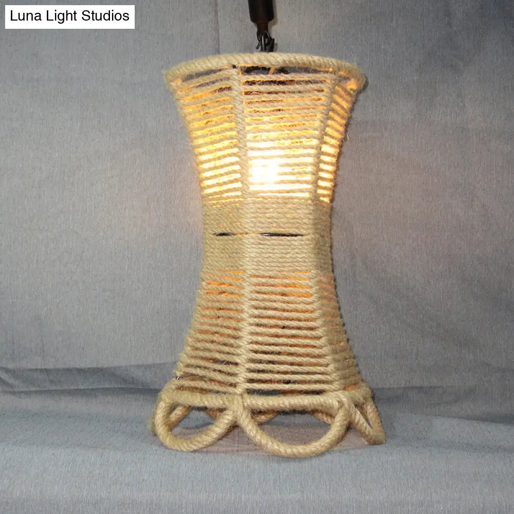 Rustic Beige Flared Pendant Light with Natural Rope and Artificial Ivy