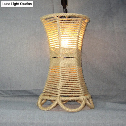 Rustic Beige Flared Pendant Light with Natural Rope and Artificial Ivy