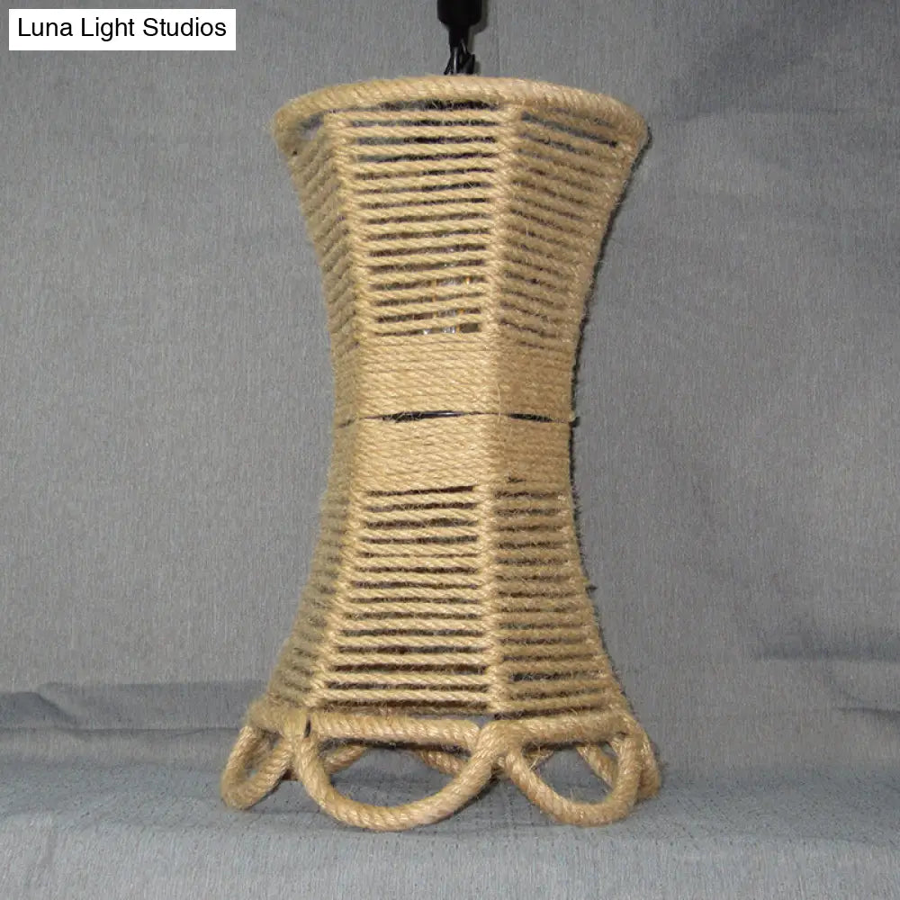 Rustic Beige Flared Pendant Light with Natural Rope and Artificial Ivy