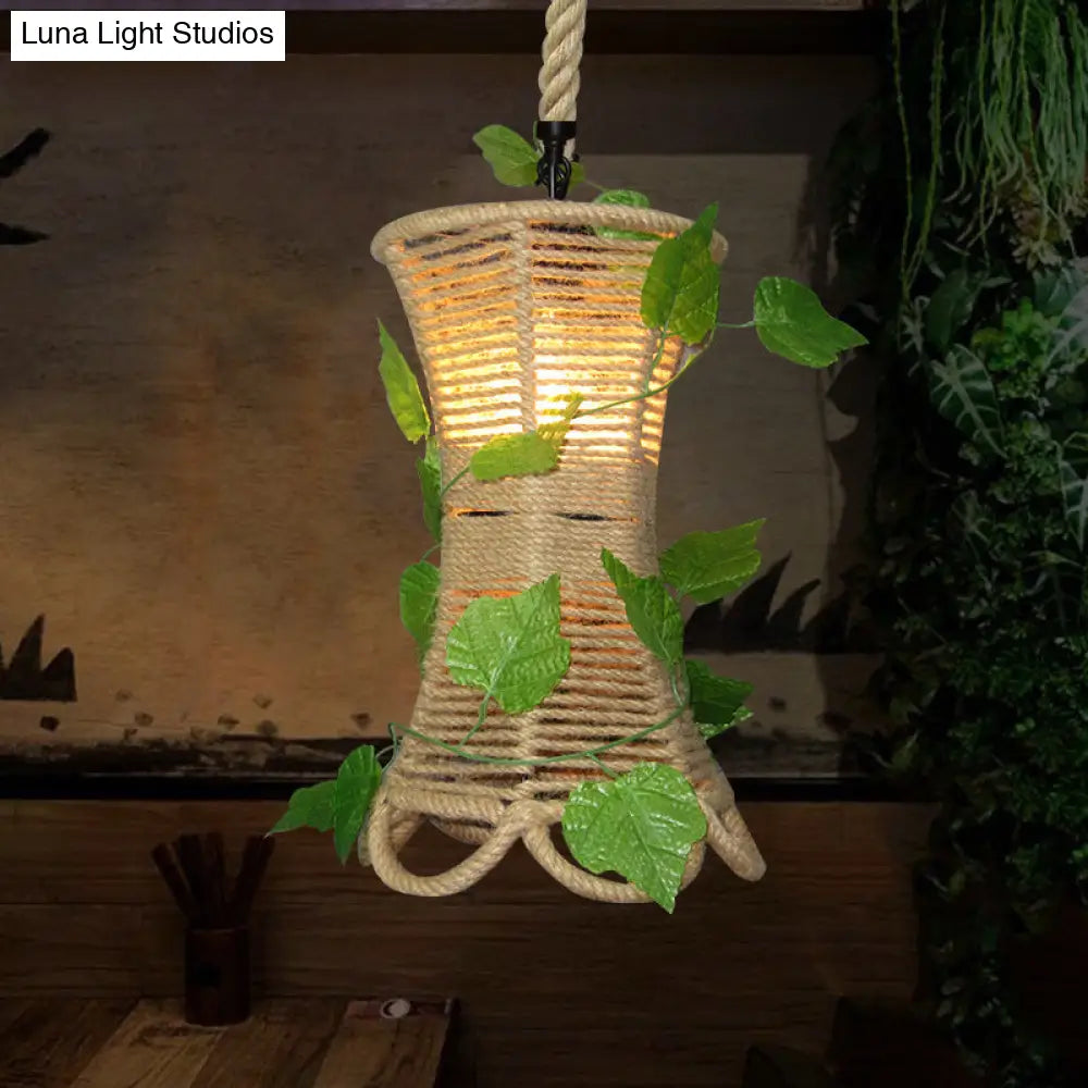 Rustic Beige Flared Pendant Light with Natural Rope and Artificial Ivy