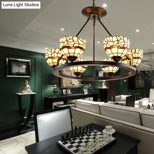 Rustic Beige Glass Bowl Chandelier - 6-Light Fixture with Adjustable Chain